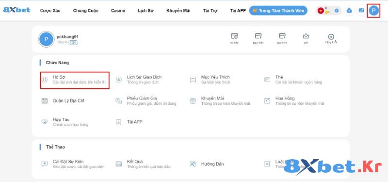 Cập nhật thông tin tài khoản 8Xbet